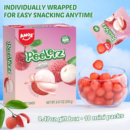 image for AMOS Peelerz Lychee Gummy Candy, Peelable Fruit-Shaped Candy, 8.47oz B