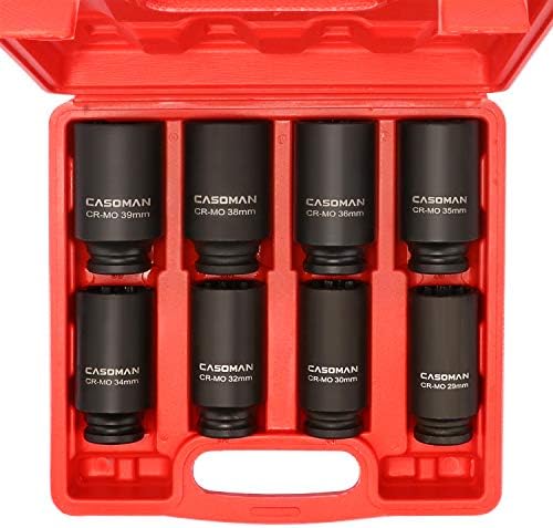CASOMAN 1/2-Inch Drive Deep Spindle Axle Nut Impact Socket Set,12 Point, Metric, CR-MO, 29,30 32 34 35,36,38,39mm 8 Piece 1/2" Heavy Duty Impact Socket Set