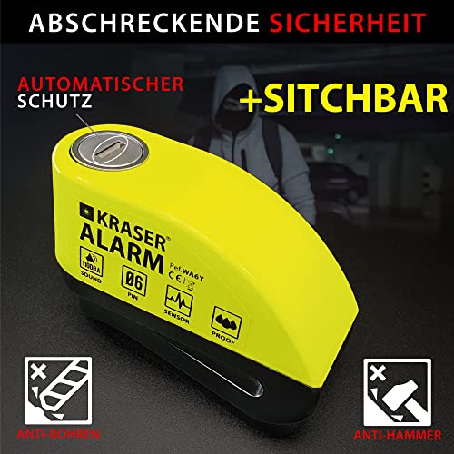 KRASER WA6Y Bremsscheibenschloss mit Alarm 110 dB, Verstärkt, 3 Schlüssel (2 Ersatz) Hochsicherheits Motorrad Schloss, Wasserdicht,1.5m Rückrufkabel, Tasche, Universal Motorradschloss, Fahrradschloss