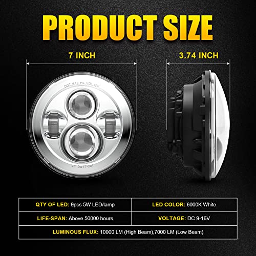 Image of LX-LIGHT 1000% Bright 7 Inch LED Headlights Anti-glare Round H6024 LED Headlight Compatible with Jeep Wrangler JK JKU TJ LJ Chevy Ford GMC Dodge etc DOT Approved Hi /Low Sealed Beam Chrome