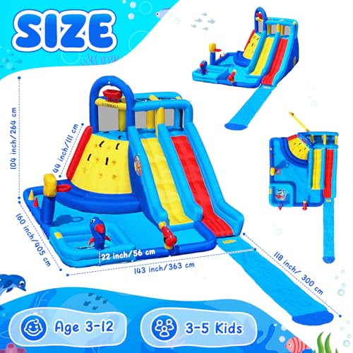 Water Bounce House Double Slide for Kids 3-12, Extra Large Inflatable Bouncy Castle with Long Slide, 550W Air Blower, Ball Pit, Swim Pool, Climbing, Bouncy House for Party Birthday Event