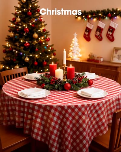 Image of Pureegg Plastic Table Cloth Disposable 10 Pack, 84'' Round Table Cloths, Party, Picnic, Decorative Gingham Tablecloths, Round, Black and White Checkered Cover, Leakproof & Sturdy, Black Plaid