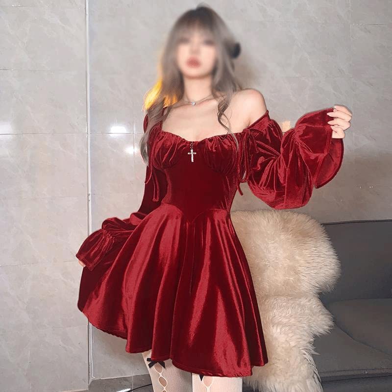 ZHCWT Women Vintage Red Dresses Gothic Velvet Korean Sexy Elegant Evening  Party Solid A-Line Long Sleeves Knitted Dress (Color : C, Size : S): Buy  Online at Best Price in UAE -