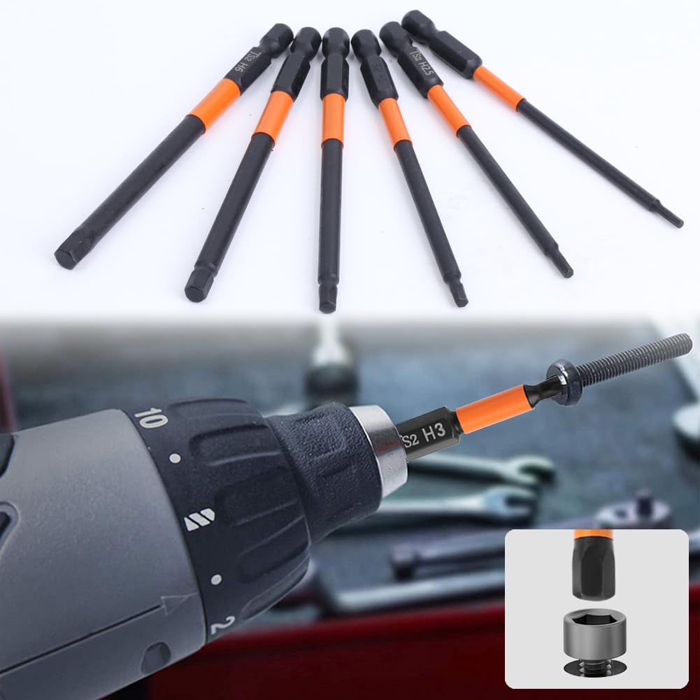 6 szt., 100 mm, sześciokątna końcówka wkrętaka H1.5-H6 Hex Head Screwdriver Bit Set 1/4" sześciokątna końcówka wkrętaka stal S2, głowica sześciokątna do wkrętaków elektrycznych i ręcznych