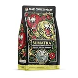 Bones Coffee Company Sumatra Single-Origin, Dark Chocolate, Smoky Earthy Notes, Whole Coffee Beans, Low Acid Darl Roast Arabica Beans Flavored Coffee, 12 oz Whole Bean
