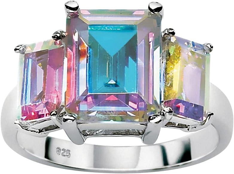Palm Beach Jewelry Sterling Silver Emerald Cut Aurora Borealis Cubic Zirconia 3 Stone Ring