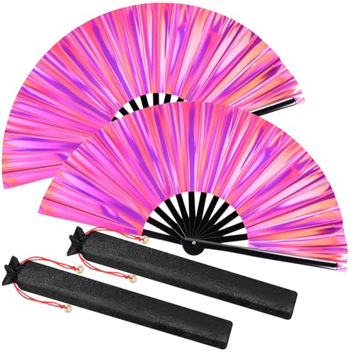 Image of Maitys Large Rave Fan Folding Handheld Fans 13'' Clap Fans for Line Dancing Clack Fan Holographic Festival Accessory for Martial Art Gift Performance, Includes 2 Pouch