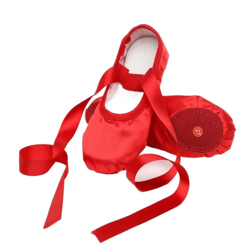 DMLAYHP Ballet Shoes Girls Ballet Dance Shoes Women Satin Soft Sole Children Ballerina with Ribbon Adult Dance Shoe(Red,42)