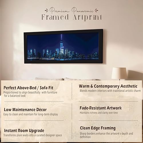 Image of PAINTINGMANTRA New York City Night Skyline View Wall Art Framed Luxury Paintings for Home Decoration, Living room, Bedroom and Office Decoration (99x38 CM)