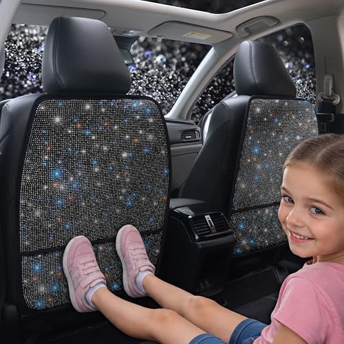 Pirador Diamond Bling Car Seat Kick Mats with Storage – Back Seat Protectors with Sparkly Rhinestones for Girls & Women, Crystal Kick Covers for Automotive Interior Accessories Black 2pcs