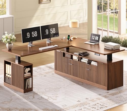 SEDETA L Shaped Electric Standing Desk 69 x 55 Height Adjustable Office Executive Desk with 4 Drawers and Storage Shelves Fluted Sit Stand Computer Desk with Power Outlet Brown