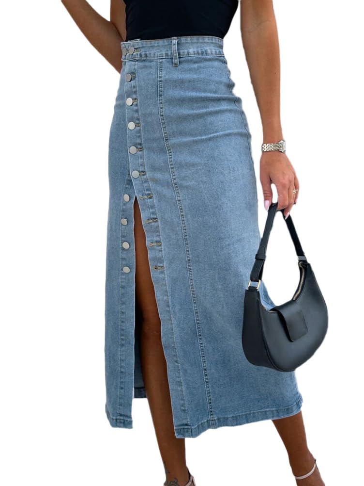 Gonna di Jeans Donna Lungo con Bottoni Spacco Midi Gonne Denim a Vita Alta Retro Chic Elegant Skirts