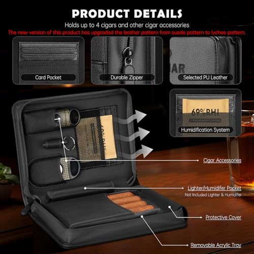 Cigar Humidor Case, Portable Cigar Box with Cigar V Cutter, Straight Cigar Cutter, Cigar Punch, Cigar Humidifier Packs, Travel Humidor and Cigar Accessories Gift Set Leather Cigar Case (Black) - Image 3