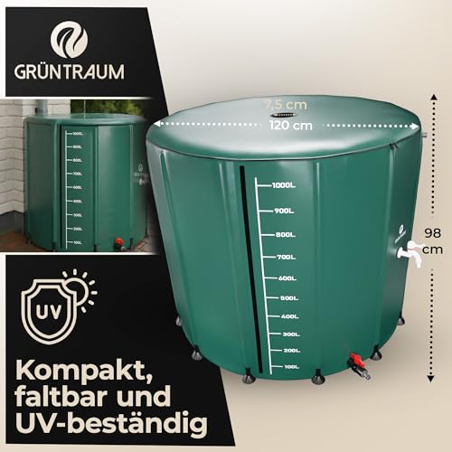 GRÜNTRAUM Regentonne faltbar 1000L XXL – Regenfass groß/Regenwassertonne/Wassertank faltbar – Wasserfass stabil – witterungsbeständig – mit Füllstandsanzeige & Air Wing System Garten (Grün, 1000L)