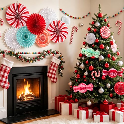 Image of PAPER JAZZ 12pcs Candy Paper Fans Christmas Decoration,Candy Honeycomb Christmas Decorations,White and Red Xmas Decoration Wall /Ceiling for Classroom,Bulletin Board,Winterwonderland,Office Decor.