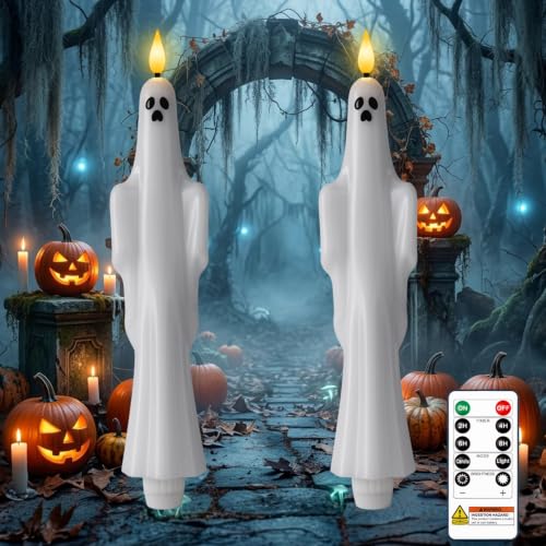 Image of Homemory 2 Pcs Real Wax Ghost Flameless Taper Candles, 3D Wick Flickering Led Candlesticks 9.6 Inch Battery Operated with Remote & Timer, Spooky Halloween Gothic Indoor Decor