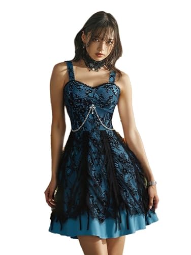 Rgothic Gothic Victorian Lorita Floral Lace Overlay Cross Chain Ruffles Layered A Line Goth Vintage Dress - Blue - X-Large