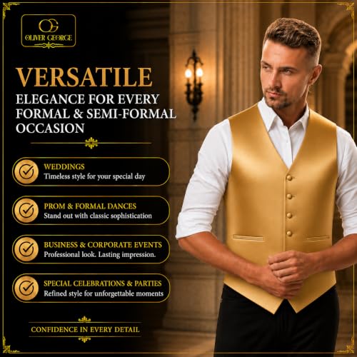 Image of Oliver George 4pc Men's Solid Formal Suit Waistcoat Tuxedo Dress Vest Necktie Bowtie Handkerchief Set for Suit or Tuxedo