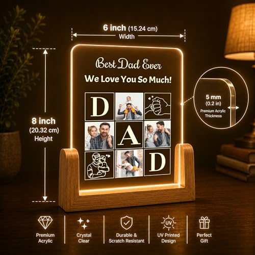 Image of Giftplease Personalized Rectangular Acrylic Wood Photo Frame | Warm LED Light Base Custom 4 Picture Alphabet Block Night Decor for Father Papa Husband | Fathers Day Best Dad Birthday Tabletop