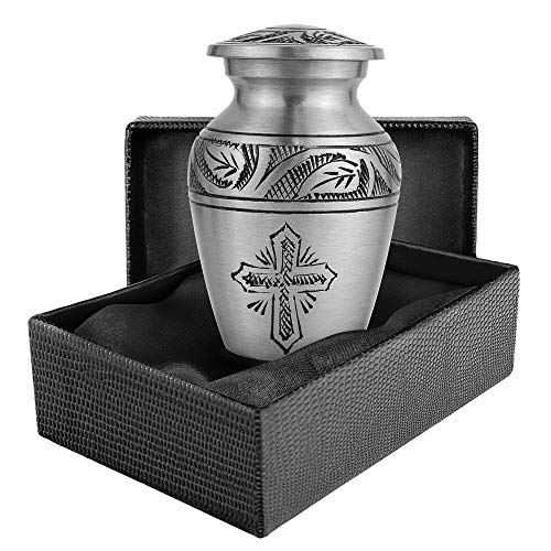 Grace and Mercy Pewter Cross Small Mini Keepsake Urn for Human Ashes - Qnty 1 - Find Peace and Comfort Every Time You Look at This Beautiful Urn - with Velvet Bag