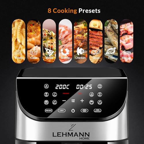 Lehmann Heteluchtfriteuse, 6 liter, met 10 kookprogramma's, friteuse hete lucht 1500 W en temperatuurregeling 76-200 °C, Air Fryer met timer en digitaal led-touchscreen, olievrij braden - Afbeelding 3