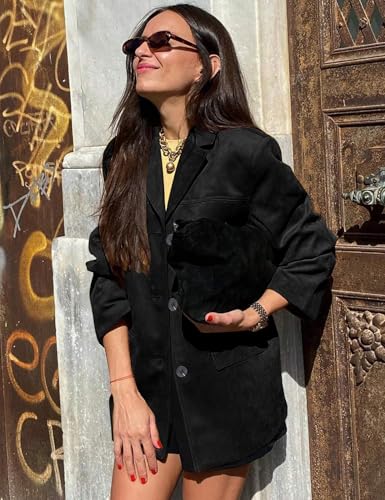 Flygo Womens Faux Suede Blazer Jacket Vintage Long Sleeve Button Down Casual Blazer Business Work Outfits(Black-L)2