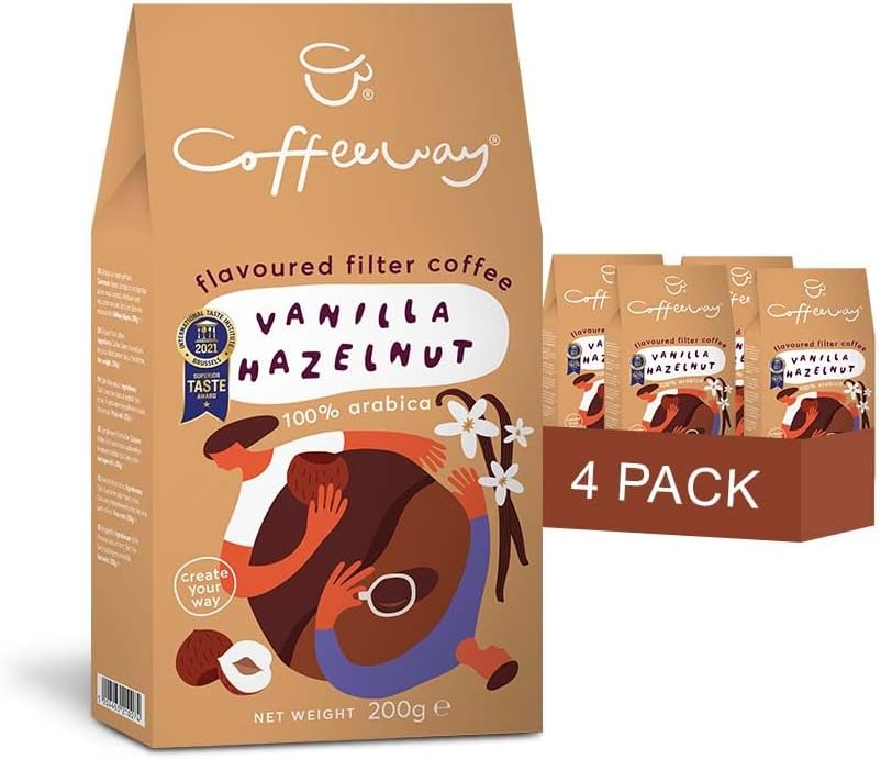 Coffeeway Vanilla Hazelnut Flavoured Ground Coffee, 800 g (4 x 200 g) - Exceptional Ground Coffee, Nut-Free, Expertly Roasted, Premium Arabica Beans, Gluten-Free, Low-Calories, Sugar-Free