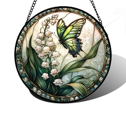 Image of DASTOLL Stained Glass Window Hanging, Lily of the Valley Flower Butterfly Suncatcher for Doors Home Sun Catchers Decoration and Christmas, Mother's Day Birthday Gifts for Women, Men, Mom 7.8 in