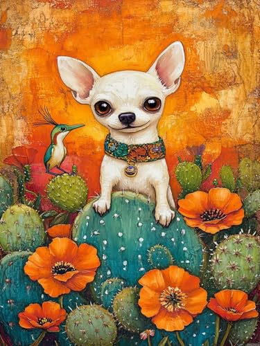Kit peinture diamant 5D chihuahua et cactus, idée cadeau loisirs créatifs