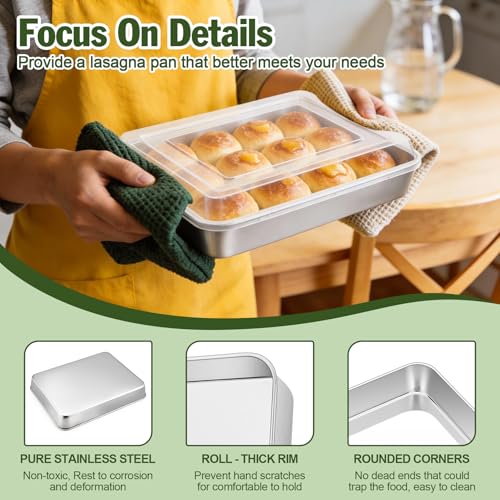 Image of TeamFar Baking Pan with Lid, 10.5 inchx 8 inch Stainless Steel Rectangular Cake Lasagna Pan with Cover for Cake Brownie Casseroles, Healthy & Sturdy, Oven & Dishwasher Safe - (1 Pan + 1 Lid)