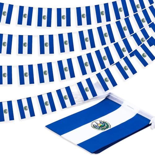 Image of El Salvador String Flag Pennant Banner, Small Mini Salvadoran Flags Bunting Banner, National Country Decoration for School, Party, Sports Events, Patriotic Festival, 33 Feet 30 Flags