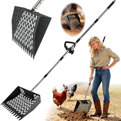 PETNF 2-in-1 Chicken Poop Scooper & Rake with Ergonomic Non-Slip Handle, Adjustable Stainless Steel Handle (30–80"), Large Capacity Basket, Multifunctional Heavy-Duty Scooper, Easy to Install & Clean