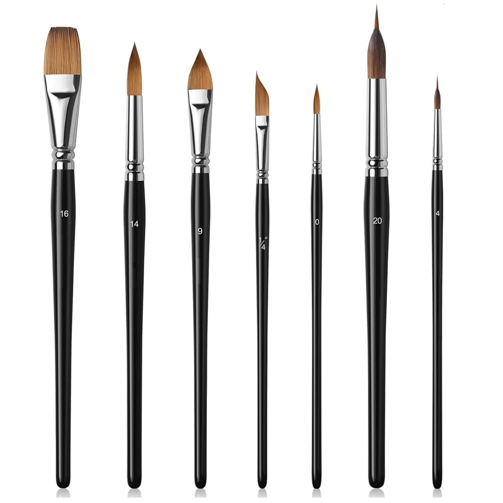 Jnchdghwa Round Point, Flat for Watercolor Brush Set- 7pcs Professional Sable Paint Brushes Featuring Extended Needle