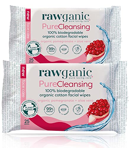 RAWGANIC® BIO Abschminktücher für das Gesicht, vegan, mit Aloe Vera & Granatapfel, parfümfrei, biologisch abbaubar, 100% Bio Baumwolle, für reife empfindliche Haut (Packung mit 25 Tüchern ) Cover