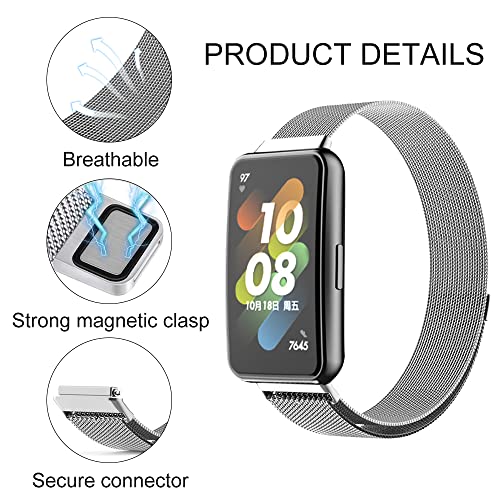 Niboow Strap Compatible with Huawei Band 7, Men Women Magnet Stainless Steel Metal Watch Bands Compatible with Huawei Band 7 - Sliver - Image 2