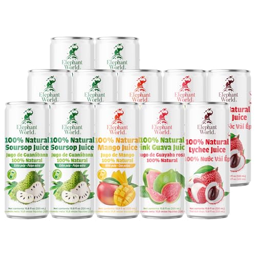 Image of ELEPHANT WORLD 100% Natural Juices | Assorted Superfruits | Soursop-Mango-Guava-Lychee | NO Sugar added | NOT From Concentrate | NON GMO | 12 Pack, 320 ML