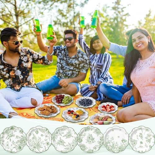 Image of Funnymoom 60 Pcs 7 inch Sage Green Floral Party Plates Vintage Floral Leaf Disposable Paper Plates Green Toile Scalloped Dessert Plate for Spring Wedding Bridal Baby Shower Tea Party Decoration Supplies