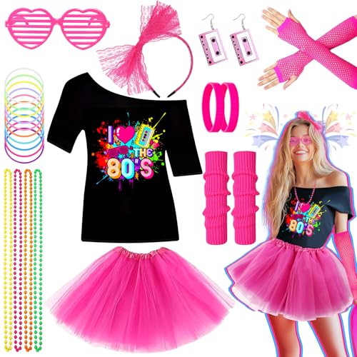 Saier tbo 10 unidades de traje de los años 80 para mujer con camiseta, tutú, guantes, guantes, diadema, gafas, pendientes, collar, pulsera, para carnaval, fiesta temática (XL)