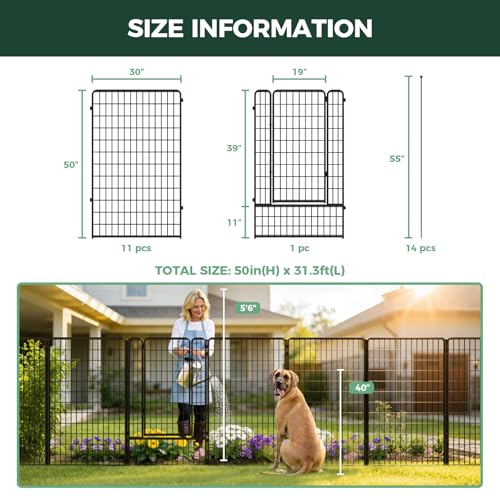 Image of FXW Garden Fence Outdoor for the Yard - 50in(H) x 31.3ft(L) Heavy Duty Metal Animal Barrier for Dog, No Dig Decorative Dog Fence, 12 Panels, Black