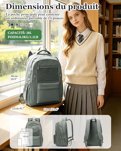 pectodox Sac à Dos Scolaire pour Homme Femme, Léger Sac à Dos Imperméable College, Renforcé Cartable avec Multi-poches, Loisir Backpack pour Lycée Université Fille Garçon,Vert – vue 2