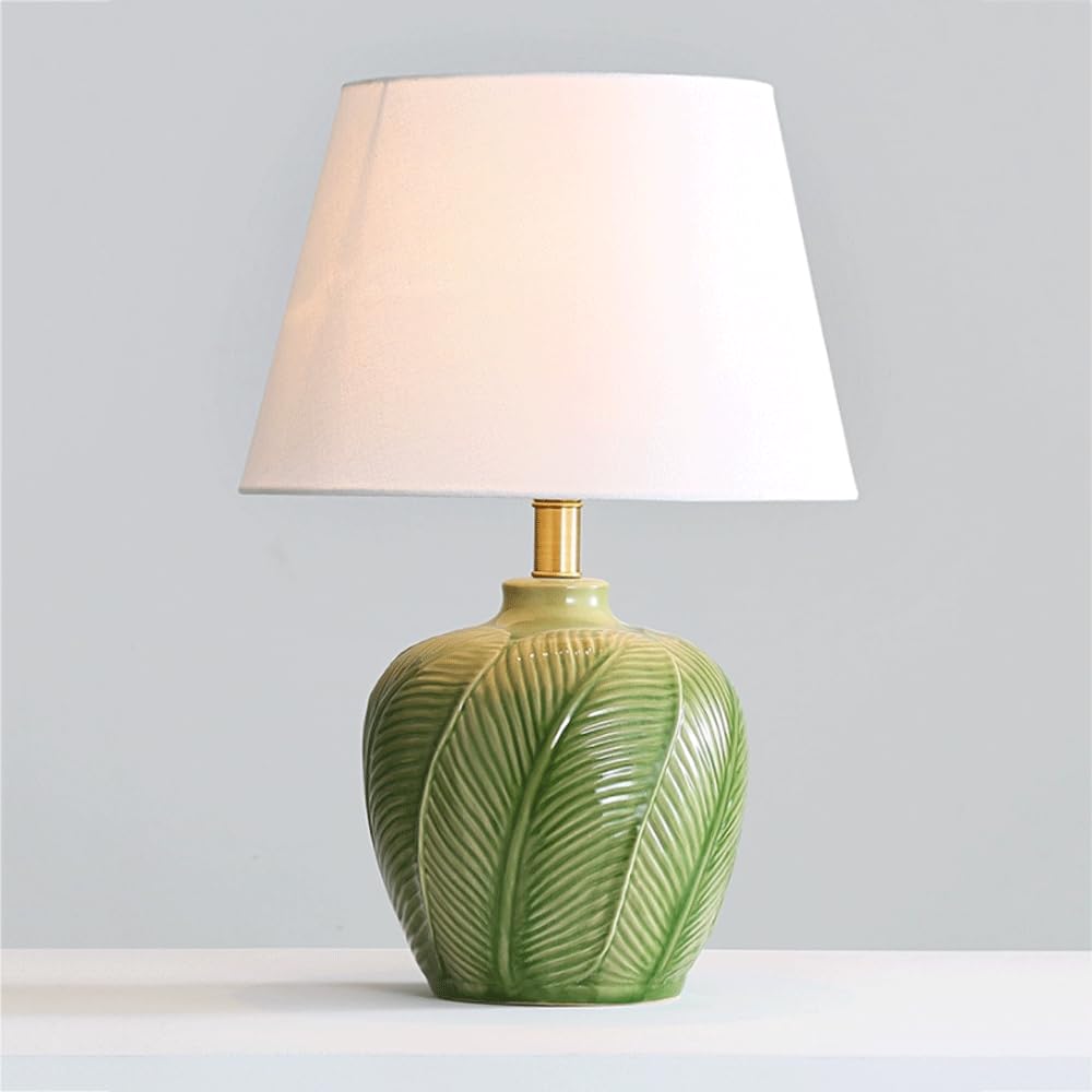 SANBDDLYY Hand-Carved Banana Leaf Decorative Table - Ceramic Bedside Linen Drum Shade, 19.3 Inches Height, Green Yellow