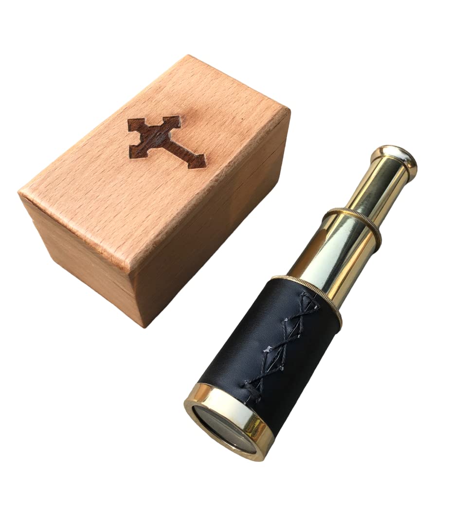6" Handheld Brass Telescope with Wooden Case Pirate Navigation Pocket Telescope Mini Spyglass Brass Collapsible Hand Telescope Vintage Decorative