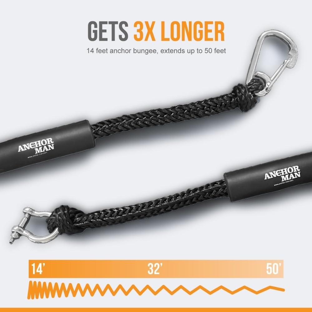 Anchor-Man Bungee-Schnur für Boote, Doppel-Clips, strapazierfähig, 316 Edelstahl, ideal für Boote PWC, eingebauter Snubber, Kajak, Wasserfahrzeuge, SeaDoo, Jetski, Ponton, Kanu (4,3 m - 15,2 m)