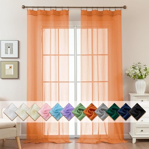 Image of Orange Sheer Curtains 96 Inches Long, Privacy Semi Sheer Curtains for Living Room Bedroom, Light Filtering Rod Pocket Voile Window Drapes 2 Panels Set, Each 42 inch W x 96 inch L