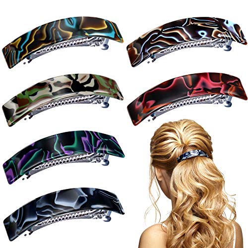 Chunyin 6 Pieces French Curved Rectangle Barrette Cellulose Acetate Hair Clips Tortoise Shell Hair Barrettes French Design Hair Barrette for Women Girls, 6 Colors