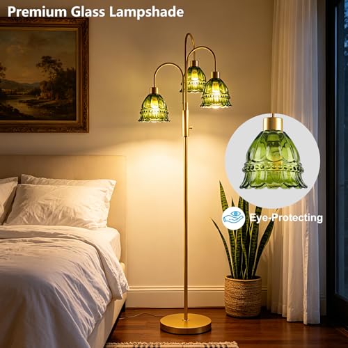 Image of 3-Light Glass Floor Lamp with Green Ribbed Glass Shades, 70 inch Gold Dimmable Tall Standing Lamp with 3PCS 3000K Warm White Bulbs, Modern Tree Pole Lamp for Living Room Bedroom Home Office Corner Decor