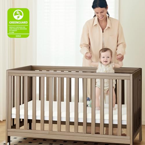Image of MAMAZING EvoNest Baby Crib, 11 in 1 Convertible Crib with Wheels, 100% New Zealand Wood Growing Bed, Full Size Crib for Baby, 4 Adjustable Mattress Height, Walnut Brown | long-term value