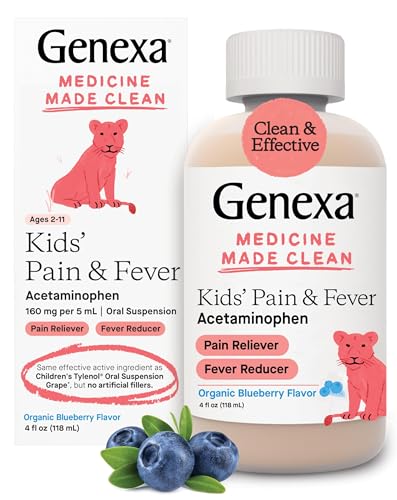 Image of Genexa Infants’ Pain and Fever Reducer | Baby Acetaminophen, Dye Free, Liquid Oral Suspension Medicine for Infant | Delicious Organic Blueberry Flavor | 160 mg per 5mL | 2 Fluid Ounces