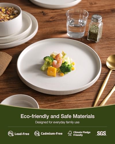 Image of Famiware Star 8-Piece Stoneware Dinnerware Sets for 4 - 10.5 inch Flat Dinner Plates & 23 oz Deep Cereal Bowls, for Everyday & Formal Use, Chip & Scratch Resistant, Microwave /Dishwasher Safe, Matte White