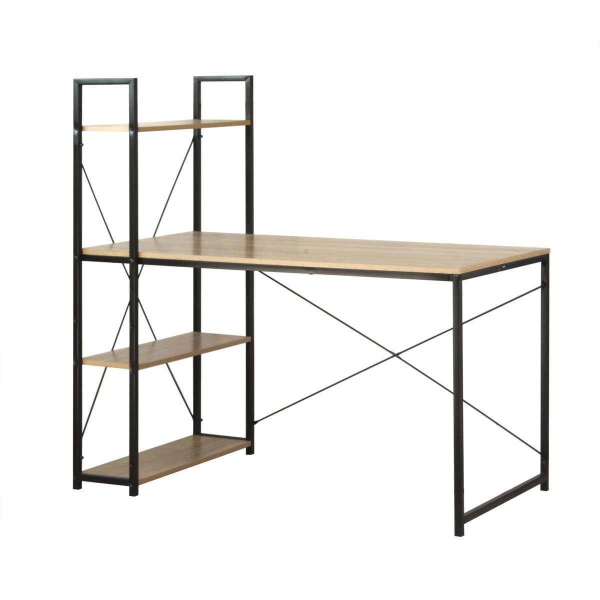 Calicosy Bureau de Travail avec Étagères - Bois et Métal - Poste de Travail Stable - Étagères de Rangements - Noir et Chêne Clair - Style Industriel - 120 x 60 x H120 cm